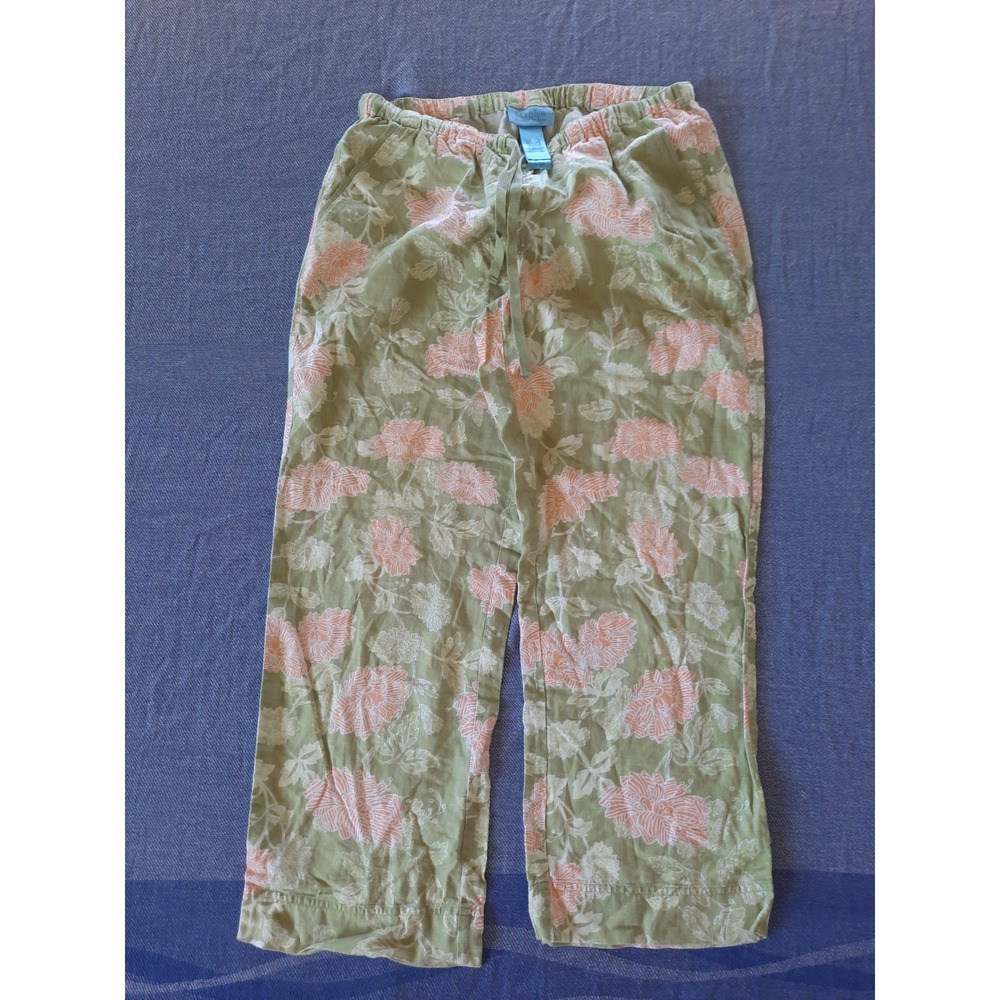 So Blue Sigrid Olsen Womens Small Green Peach Floral 100% Linen Drawstring Pants